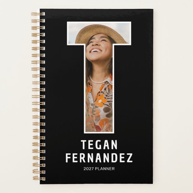 Black Monogram Initial 'T' Photo Planner (Front)