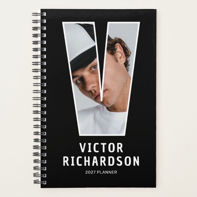 Black Monogram Initial 'V' Photo Planner (Front)