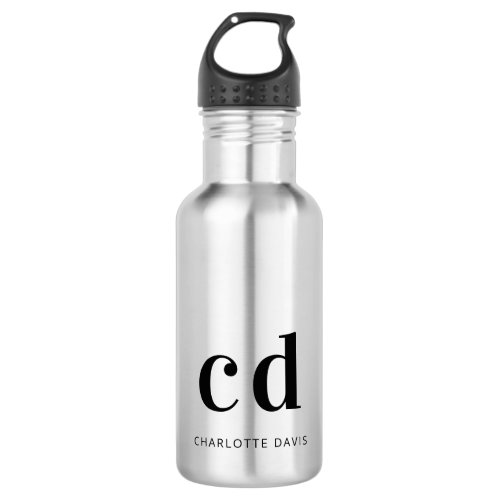 Black monogram initials name modern stainless steel water bottle