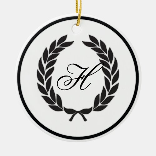 Black Monogram Laurel Wreath Ceramic Ornament