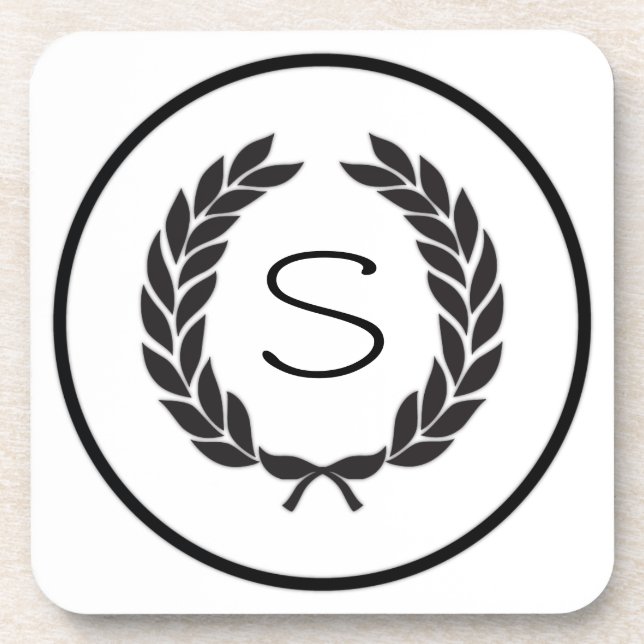 Black Monogram Laurel Wreath Drink Coaster (Front)
