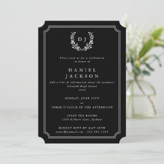 Black Monogram Laurel Wreath Graduation Invitation