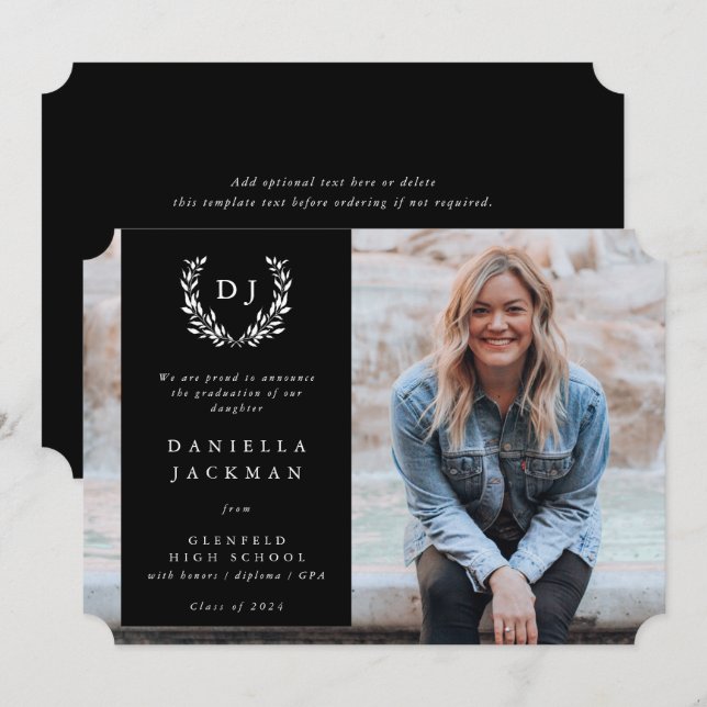 Black Monogram Laurel Wreath Graduation Photo Announcement (Front/Back)
