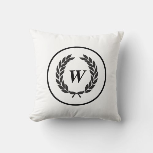 Black Monogram Laurel Wreath Throw Pillow