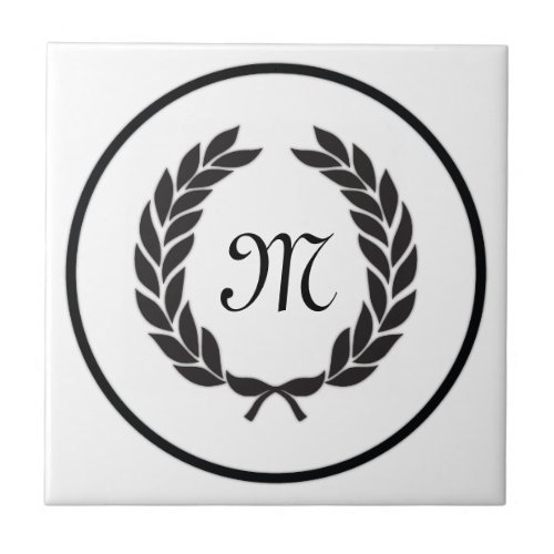 Black Monogram Laurel Wreath Tile