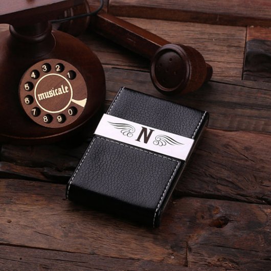Black Monogram Leather Business Card Holder (Top)