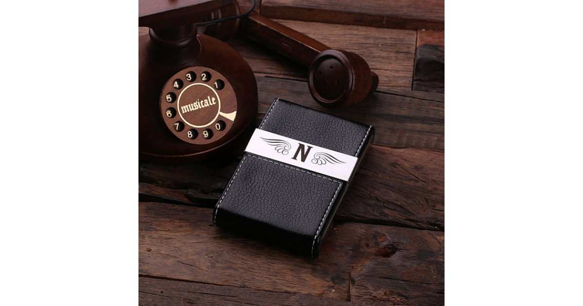 Black Monogram Leather Business Card Holder Zazzle