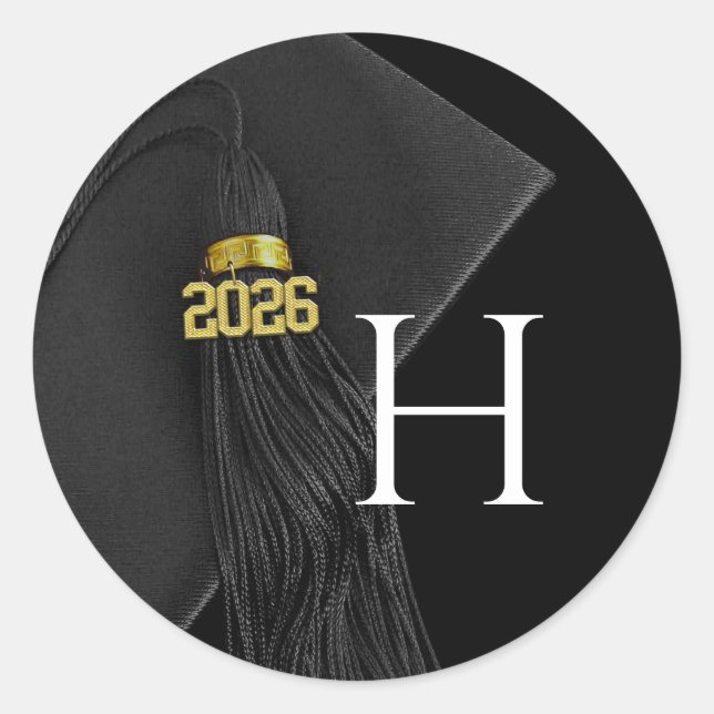 Black Monogram Letter Class of 2026 Graduation Classic Round Sticker (Front)