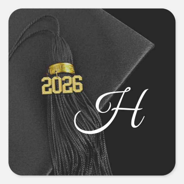 Black Monogram Letter Class of 2026 Graduation Square Sticker (Front)