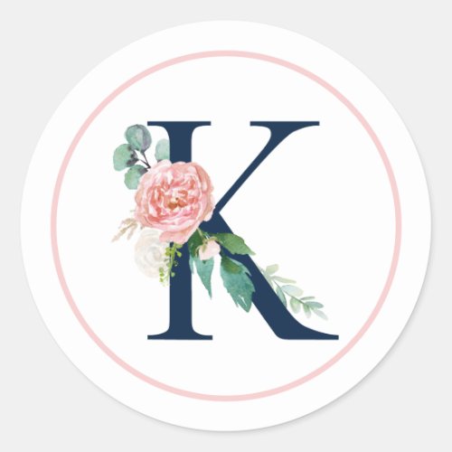 Black Monogram Letter K with Pink Flower Classic Round Sticker