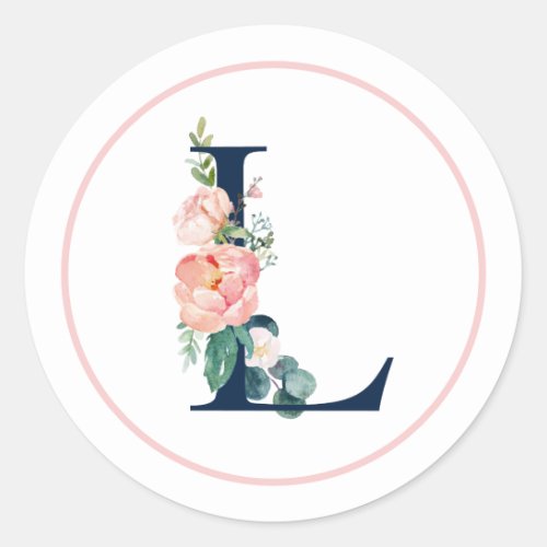 Black Monogram Letter L with Pink Flower Classic Round Sticker