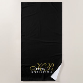 Black Monogram Minimalist Gold White Elegant Men  Beach Towel