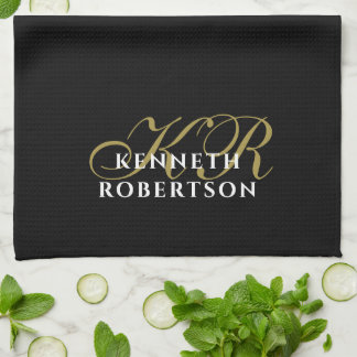 Black Monogram Minimalist Gold White Elegant Men Kitchen Towel