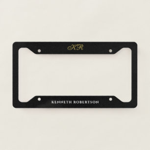 Black Monogram Minimalist Gold White Elegant Men License Plate Frame