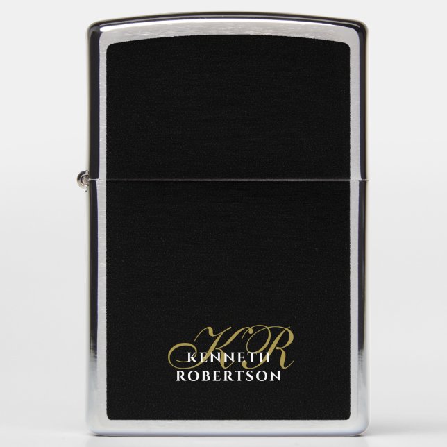 Black Monogram Minimalist Gold White Stylish Men  Zippo Lighter (Front)