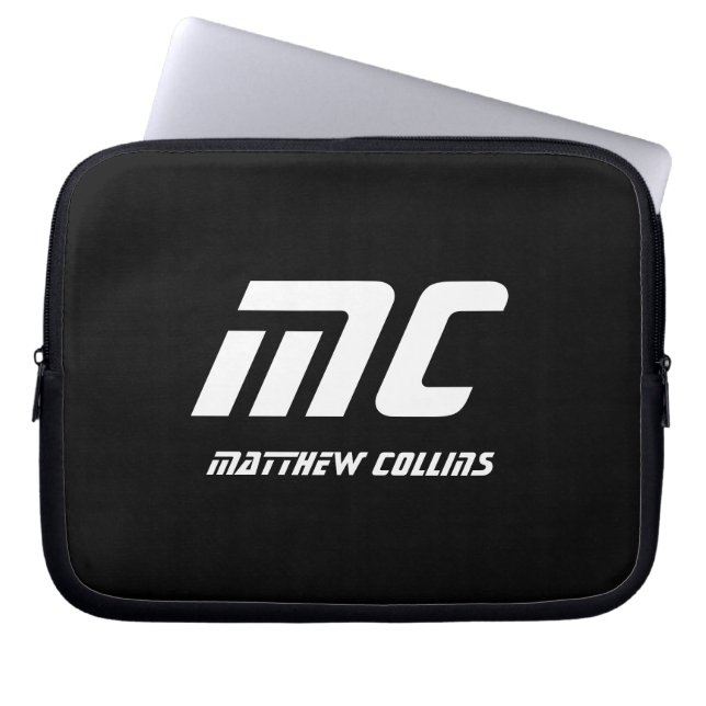  Black Monogram Minimalist Name White Text for Him Laptop Sleeve (Front)