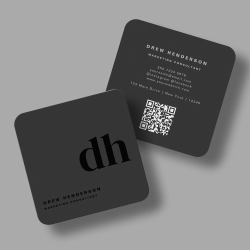 Black Monogram Minimalist Professional Qr Code Square Business Card