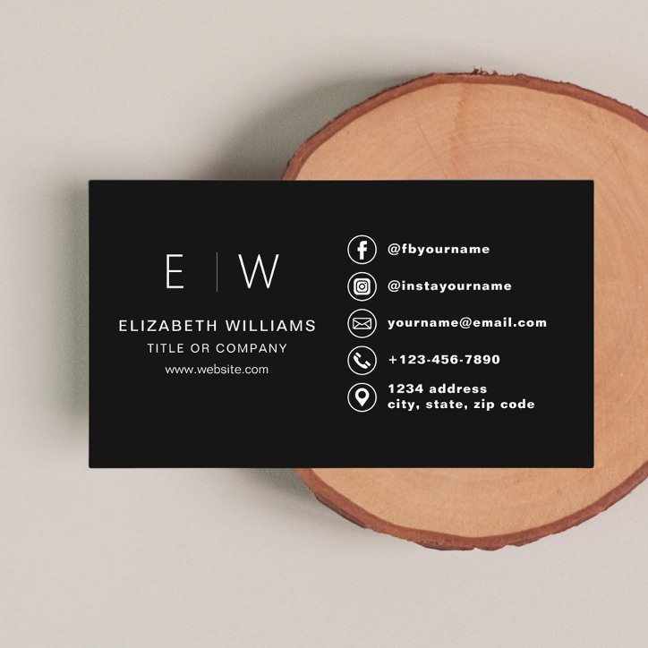 Black Monogram Minimalist Social Media Icons Business Card