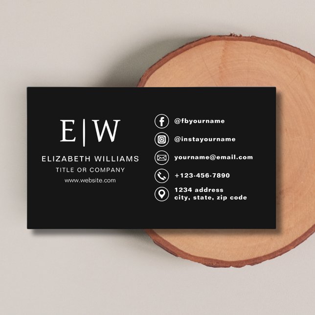 Black Monogram Minimalist Social Media Icons Business Card (Creator Uploaded)