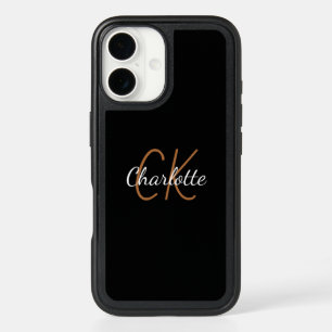 Black monogram modern elegant script iPhone 16 case