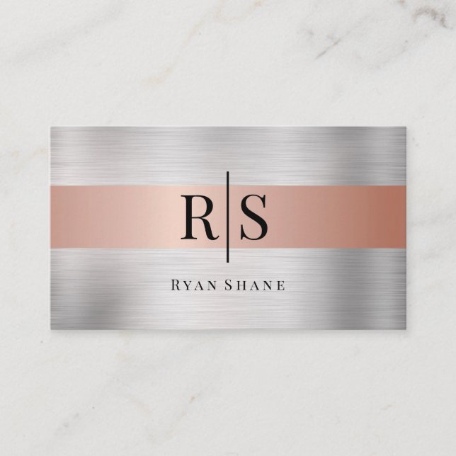 Black Monogram & Name, Brushed Silver & Rose Gold Business Card (Front)