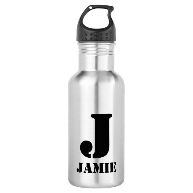 Black Monogram & Name Kids School Stainless Steel Water Bottle (Front)