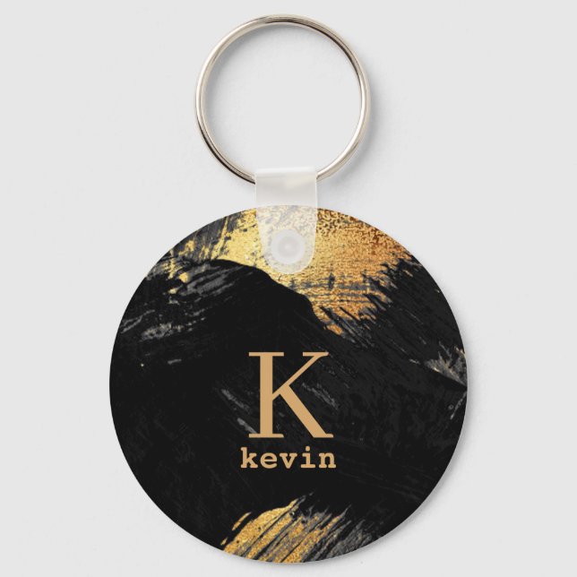 Black monogram name personalized elegant modern keychain (Front)