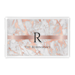 Black Monogram & Name, White & Rose Gold Marble Acrylic Tray