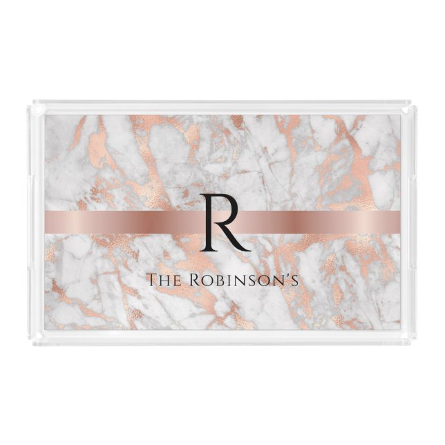 Black Monogram & Name, White & Rose Gold Marble Acrylic Tray (Front)