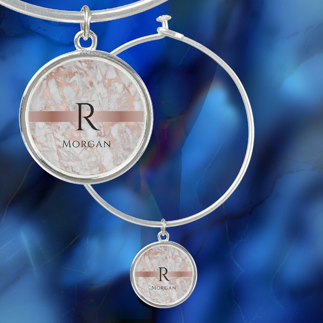 Black Monogram & Name, White & Rose Gold Marble Bangle Bracelet (Creator Uploaded)