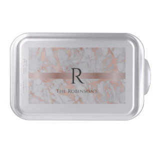 Black Monogram & Name, White & Rose Gold Marble Cake Pan