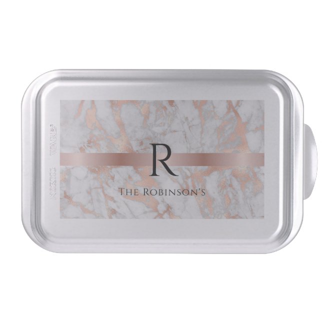 Black Monogram & Name, White & Rose Gold Marble Cake Pan (Front)
