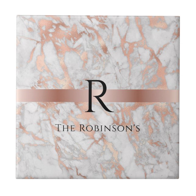Black Monogram & Name, White & Rose Gold Marble Ceramic Tile (Front)