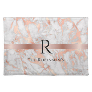 Black Monogram & Name, White & Rose Gold Marble Cloth Placemat
