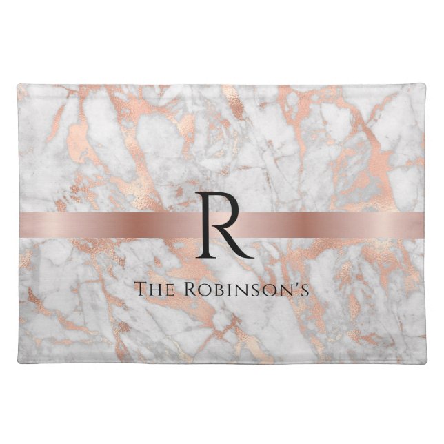 Black Monogram & Name, White & Rose Gold Marble Cloth Placemat (Front)