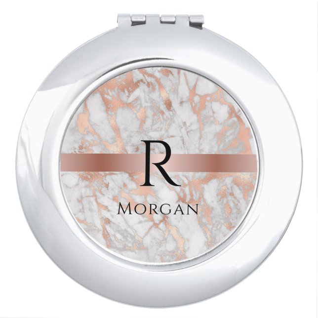 Black Monogram & Name, White & Rose Gold Marble Compact Mirror (Front)