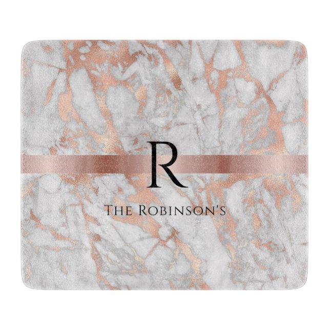 Black Monogram & Name, White & Rose Gold Marble Cutting Board (Front)