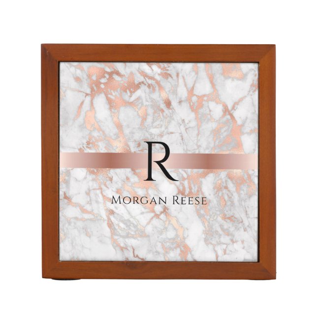 Black Monogram & Name, White & Rose Gold Marble Desk Organizer (Front)