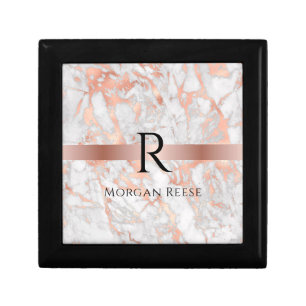 Black Monogram & Name, White & Rose Gold Marble Gift Box