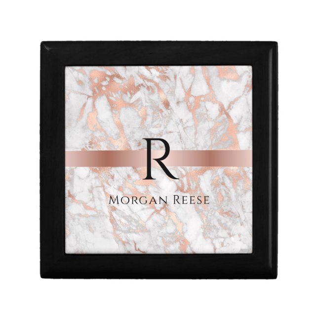 Black Monogram & Name, White & Rose Gold Marble Gift Box (Front)
