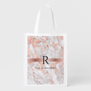 Black Monogram & Name, White & Rose Gold Marble Grocery Bag