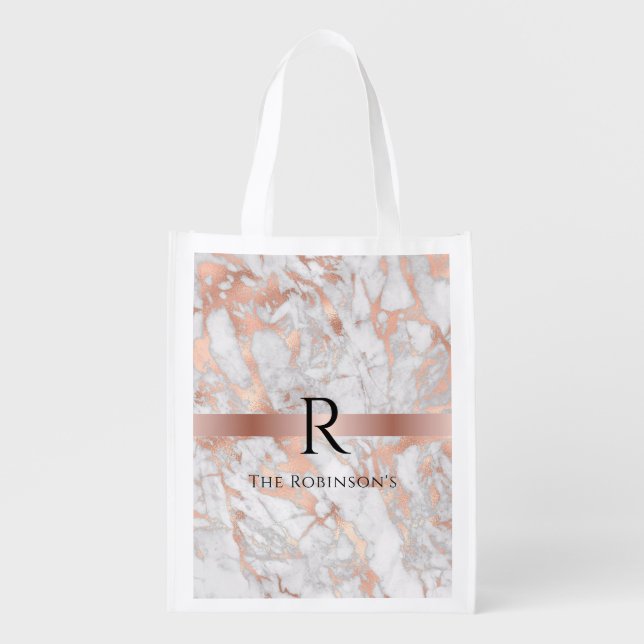 Black Monogram & Name, White & Rose Gold Marble Grocery Bag (Front)