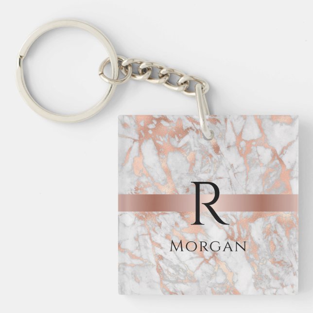 Black Monogram & Name, White & Rose Gold Marble Keychain (Front)