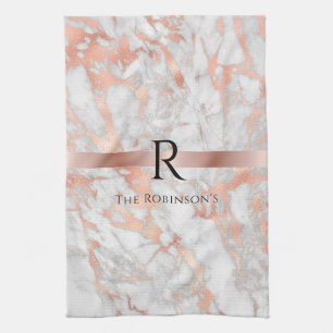 Black Monogram & Name, White & Rose Gold Marble Kitchen Towel
