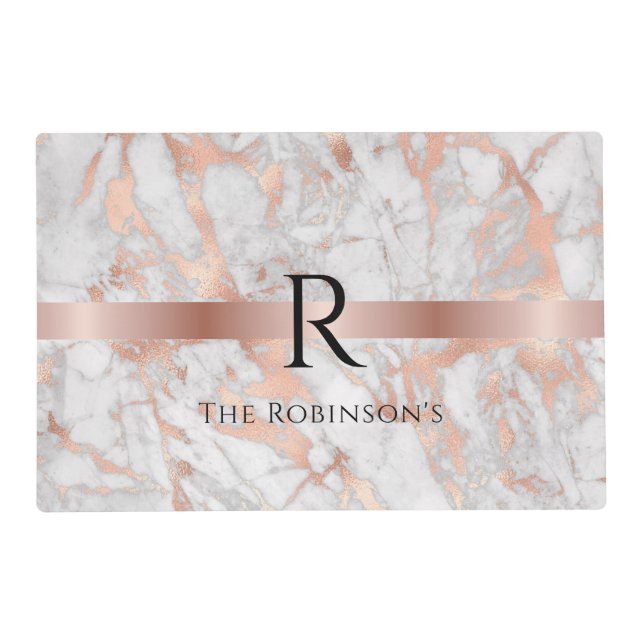 Black Monogram & Name, White & Rose Gold Marble Placemat (Front)