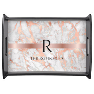 Black Monogram & Name, White & Rose Gold Marble Serving Tray