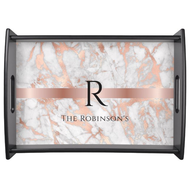 Black Monogram & Name, White & Rose Gold Marble Serving Tray (Front)