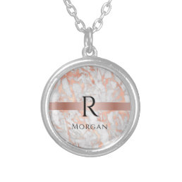 Black Monogram &amp; Name, White &amp; Rose Gold Marble Silver Plated Necklace