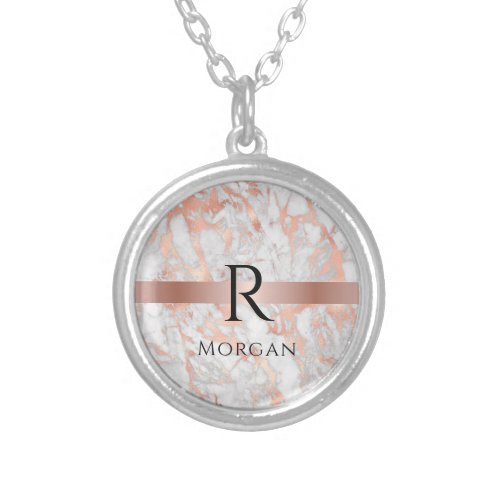 Black Monogram  Name White  Rose Gold Marble Silver Plated Necklace