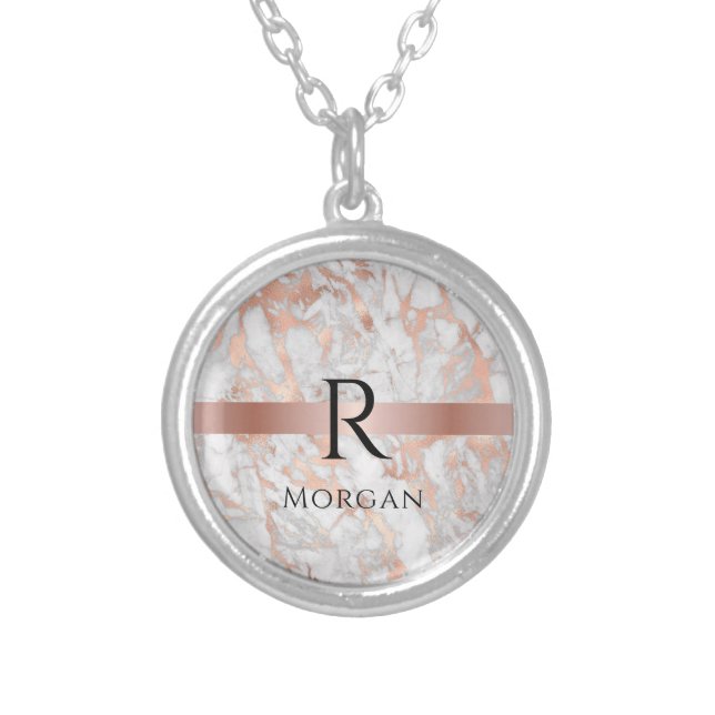 Black Monogram & Name, White & Rose Gold Marble Silver Plated Necklace (Front)